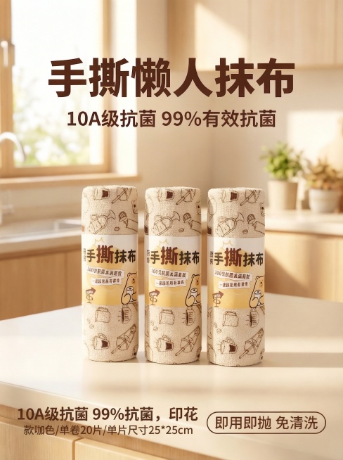 在这张图片底部添加文案“10A级抗菌 99%抗菌，印花款咖色/单卷20片/单片尺寸25*25cm”，移除“4卷”，保持原图整体风格、色调和内容不变，只在底部空白处新增上述文字，不改变原有图像内容预览效果