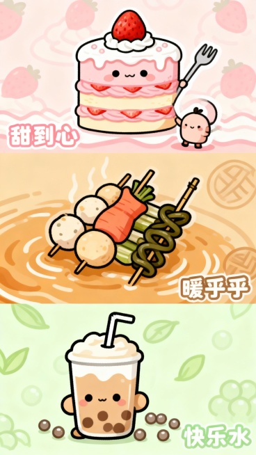 Q 版美食・治愈小食光
整体风格：清新 Q 版、色彩诱人，三宫格展示美食场景，适合零食带货、美食分享类内容；
第一宫格：Q 版草莓蛋糕（奶油蓬松，点缀草莓），旁边站着小叉子 Q 版形象，背景是浅粉底预览效果