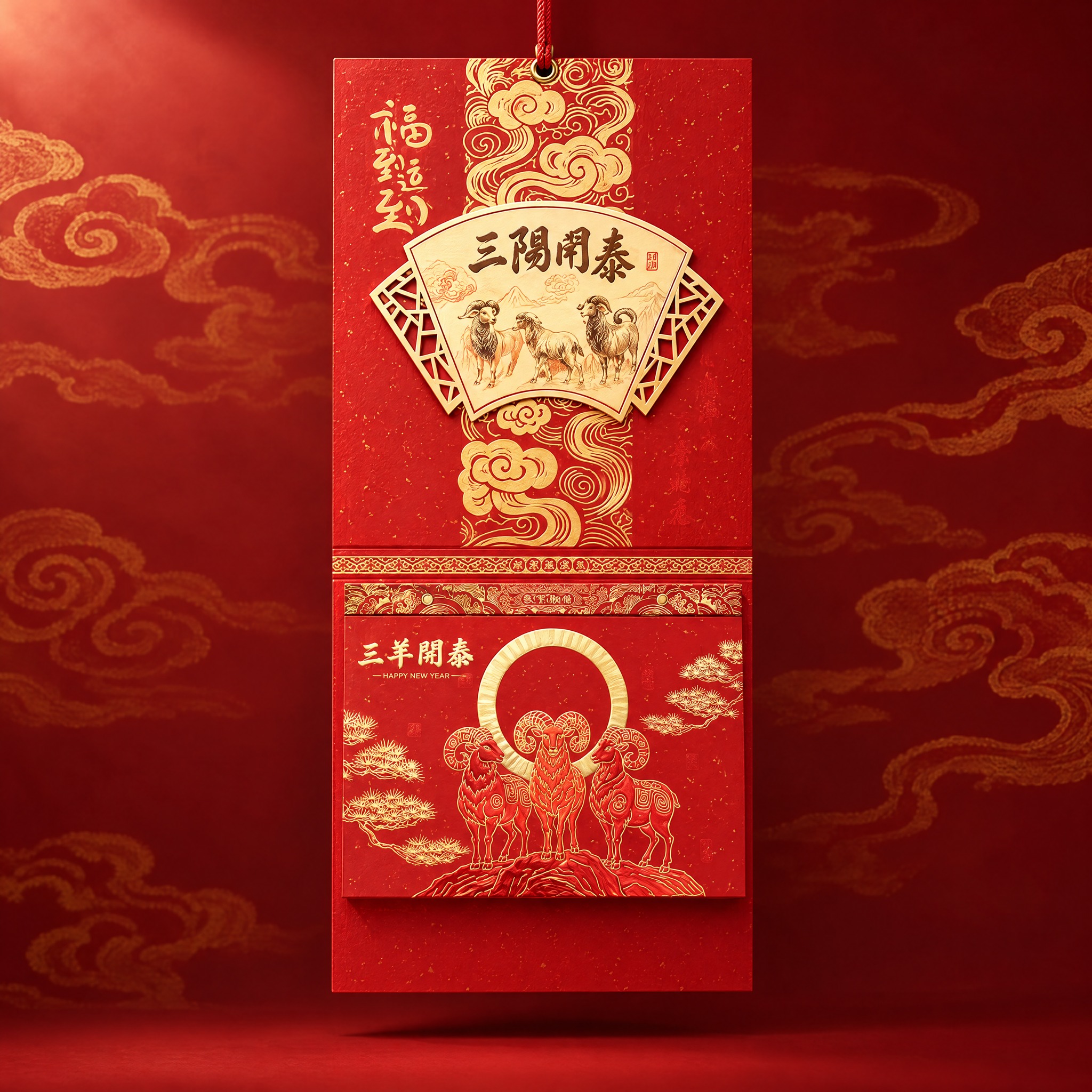 深红色渐变背景搭配金色祥云纹理，与主图风格一致的国潮喜庆氛围。… - 图片创意预览