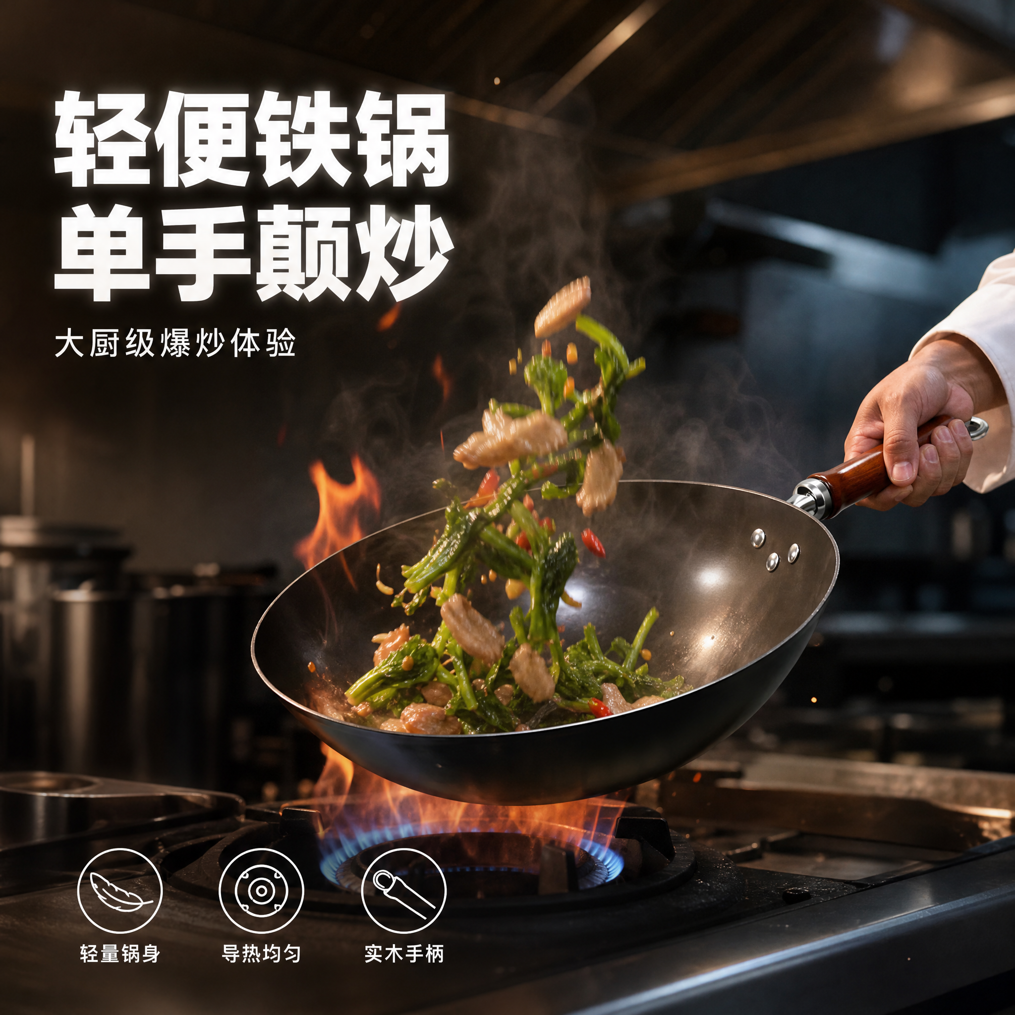 [单张主图] 铁锅炒锅电商主图，高级氛围感真实使用场景路线，突… - 图片创意预览