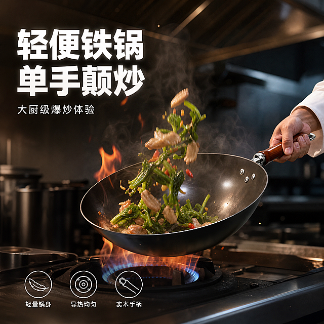 [单张主图] 铁锅炒锅电商主图，高级氛围感真实使用场景路线，突出大厨爆炒颠锅的专业感与锅体轻便特性，画面真实有质感无AI感。

[画面主体] 画面中央偏右位置是一只黑色铁锅炒锅，锅体为哑光黑铁材质，锅内壁光滑带自然使用光泽，锅沿圆润，锅身弧度自然。锅柄为深棕色实木手柄，金属连接件银色带三颗铆钉固定，手柄末端有挂孔。锅体外观、颜色、结构、材质、铆钉数量与位置必须与输入产品图完全一致。主体占画面约55%。

[构图版式] 真实使用场景型版式，产品在画面中右方呈动态颠锅姿态，左侧留白放主标题与副文案，底部放3-4个轻图标卖点。

[场景元素] 专业中式厨房灶台场景，大厨的手（男性，肤色自然，手部肌肉线条明显，戴白色厨师袖套）正握住木柄将锅向上颠起，锅中食材（青菜与肉片）在空中翻飞形成优美弧线，锅口升腾起热气与轻微火焰光晕。背景是虚化的不锈钢灶台与抽油烟机，灶火呈蓝色带橙黄色火焰尖端。灶台台面为深色不锈钢质感。画面有轻微动态模糊表现颠锅的速度感与力量感，但锅体本身保持清晰锐利。

[文案版式] 左上区域主标题："轻便铁锅 单手颠炒"，字体为粗黑体大号白色带轻微外发光；主标题下方副文案："大厨级爆炒体验"，小号白色细体。底部横向排列3个线稿图标+短文案：从左到右分别为"轻量锅身"、"导热均匀"、"实木手柄"，图标为白色细线风格，文字为白色小号。所有文字不遮挡锅体主体。

[光影质感] 商业美食摄影质感，主光源来自左上方模拟厨房顶灯，暖白色调，锅体表面有自然高光反射，锅内壁有食材与火焰的环境光反射。锅下方有灶火的暖色光晕向上映照。整体光影层次丰富，暗部有细节，高光不过曝。热气与火焰有真实的体积感与透明度。景深适中，背景虚化突出锅体与颠锅动作。

[配色字体] 主色调：黑色锅体 + 深棕木柄 + 暖橙火光 + 白色文字。背景为深灰蓝调厨房环境。字体统一为无衬线粗黑体，主标题最大，副文案缩小60%，卖点文字最小。

[输出要求] 比例1:1，2K分辨率，文字清晰可辨，产品清晰锐利，真实摄影质感，无AI感。禁止变形、错字、模糊、杂乱背景、水印、平台Logo、畸形手部、多余手指、穿模、悬浮。