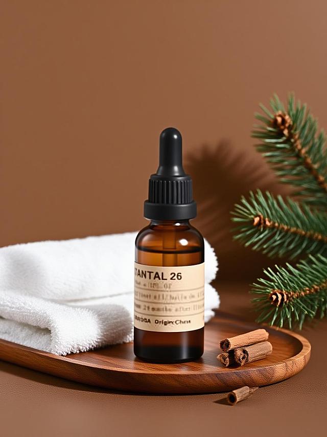 商业静物摄影。主体置于原木桌面的木质托盘上（折叠的白色毛巾和小段沉香点缀），后景是棕色背景和小束雪松。简约高级的光影。