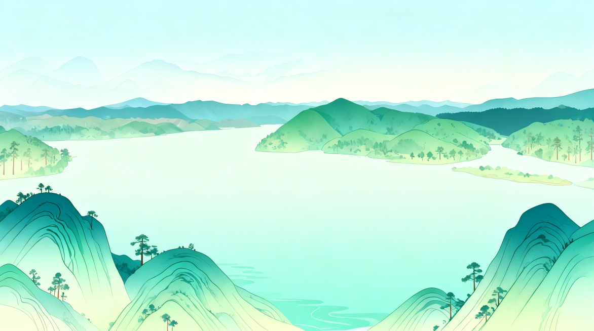 参考国潮青绿山水插画风格，将这张实景湖泊山林图转换为同款国风插画：青绿色渐变山峦，细腻的树木纹理，淡青色水面，清新柔和的马卡龙色调，统一的国潮扁平化插画质感，保留原有湖山的布局结构预览效果