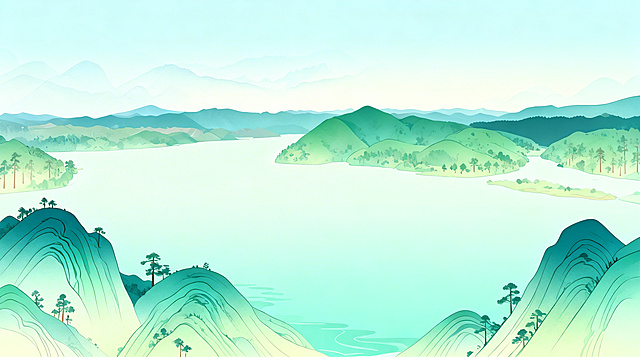 参考国潮青绿山水插画风格，将这张实景湖泊山林图转换为同款国风插画：青绿色渐变山峦，细腻的树木纹理，淡青色水面，清新柔和的马卡龙色调，统一的国潮扁平化插画质感，保留原有湖山的布局结构