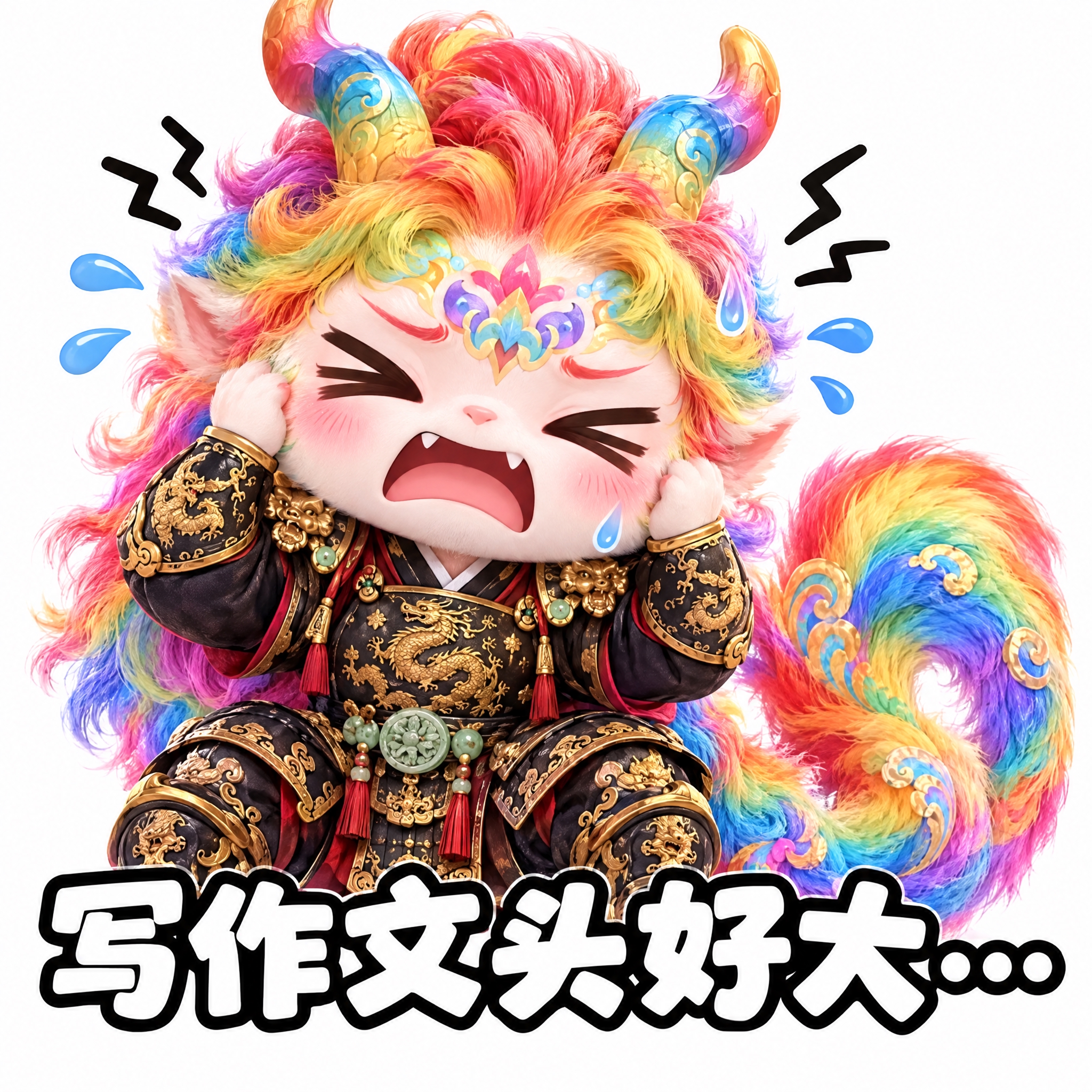参考图中的彩虹鬃毛龙形神兽（穿黑色金龙铠甲），做成可爱表情包风… - 图片创意预览