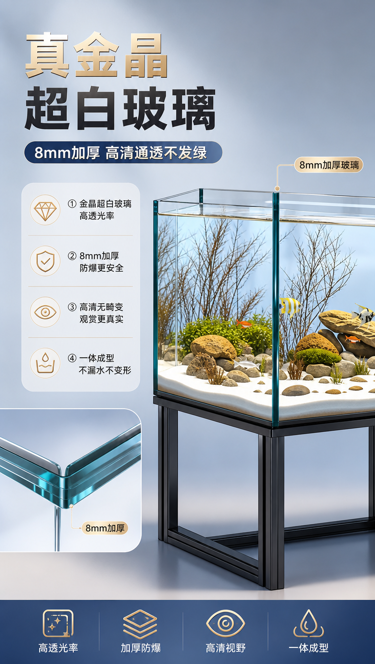 [商品] 使用【图1】长方形金晶超白玻璃鱼缸，配黑色金属支架；… - 图片创意预览