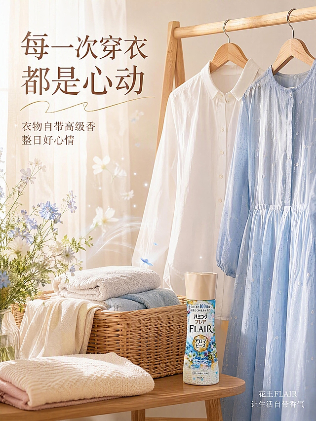 [第5张] 详情页生活方式-日系居家场景衣物留香幸福感。本张使用【图1】蓝调款作为点缀展示。
[氛围/风格] 日系治愈生活风，温暖舒适的居家氛围，柔软质感，自然光线，生活美学，商业摄影质感。
[元素布局] 画面主体是日系卧室一角，木质衣架上挂着干净的白衬衫和浅蓝色连衣裙，衣物轻盈飘逸；旁边有藤编收纳篮，叠放整齐的毛巾和衣物；【图1】蓝调款留香珠放在收纳篮旁的木质小桌上，占比约15%；背景是米色窗帘透进柔和阳光，空气中有淡淡的香气粒子可视化效果；整体画面传递衣物清新留香的幸福感。
[光影质感] 午后窗边自然光，柔和暖调，衣物有轻盈通透感，阴影柔和自然。
[配色色系] 全局底色 #F8F4EE 暖米调；主色米白、原木色；辅助色雾霾蓝、浅粉、暖黄。
[视角构图] 场景式中景构图，阅读动线从悬挂衣物 → 收纳篮 → 桌面产品。
[文字版式] 左上主标题「每一次穿衣 都是心动」，优雅宋体暖棕色；副标题「衣物自带高级香 整日好心情」；右下角小字「花王FLAIR 让生活自带香气」；文字简洁有氛围感，不遮挡主要场景元素。
[比例分辨率] 3:4竖版比例，4K分辨率，文字清晰可辨，高清画质。
[负向提示词] 瓶身变形，颜色偏差，包装文字错乱，水印，文字过小，场景杂乱，人物出现，产品模糊。