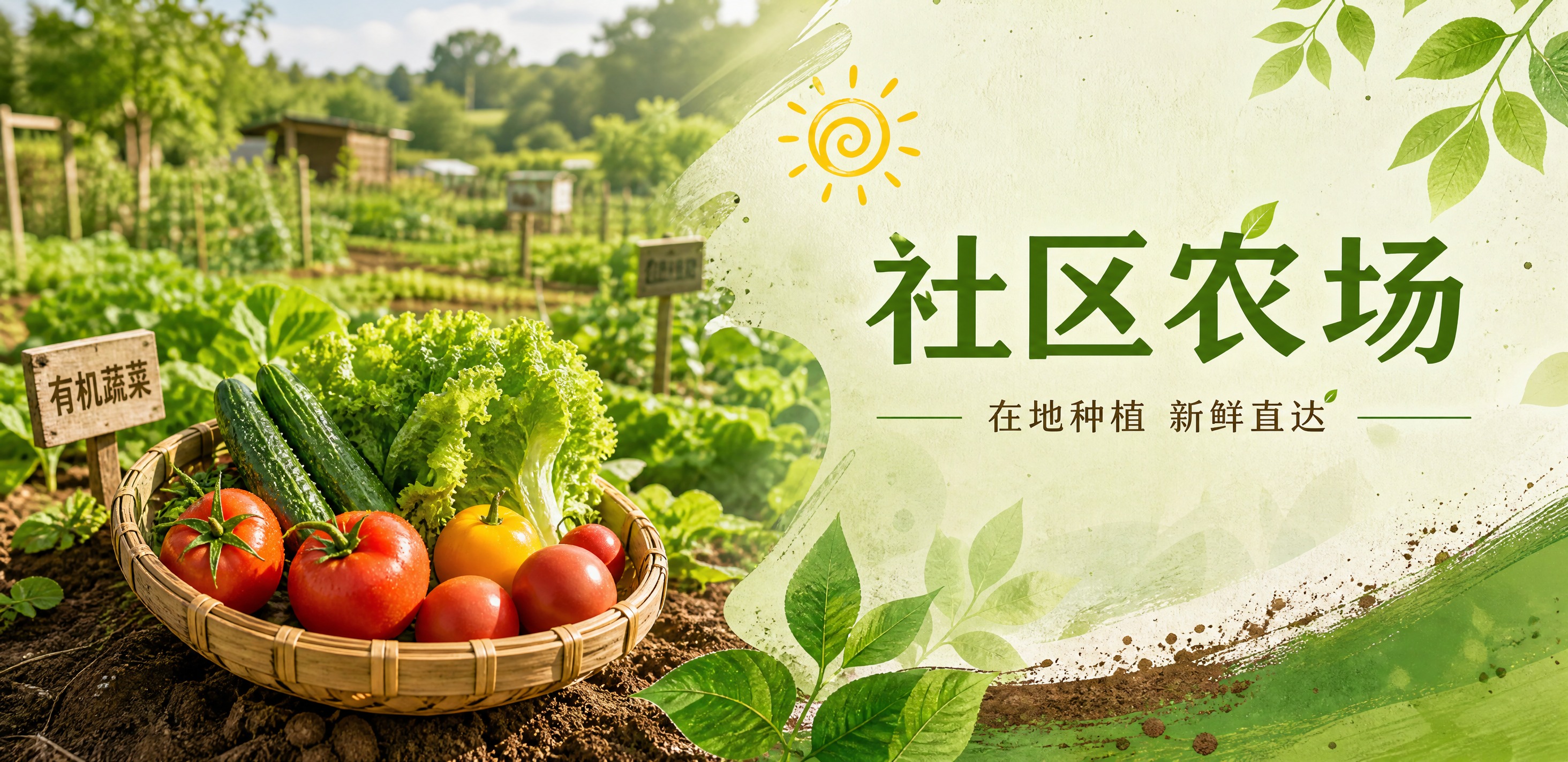 清新环保生态风格分类导航海报，横版构图。画面左侧为社区农场场景… - 图片创意预览
