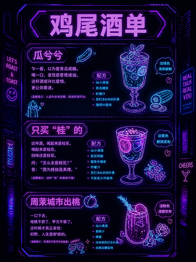 将第二张图（鸡尾酒单）的整体风格完全改成第一张图的赛博朋克霓虹风格，背景替换为赛博朋克城市夜景（紫粉蓝霓虹发光效果、高楼大厦、霓虹灯牌、故障艺术效果），去掉顶部所有logo（小糊涂仙、仙小满、张江大客厅全部删除），大标题「仙品首发」替换为「鸡尾酒单」，保留三款鸡尾酒的内容结构（瓜兮兮、只买"桂"的、周茉城市出桃）及各自配方、文案描述、温馨提示，将手绘水彩风格的酒杯插画替换为霓虹线框发光风格的鸡尾酒杯，所有文字改为霓虹发光字体效果，整体配色以紫色、粉色、蓝色霓虹光为主，深色背景，保持竖版菜单的版式布局和三款酒的上下排列结构。