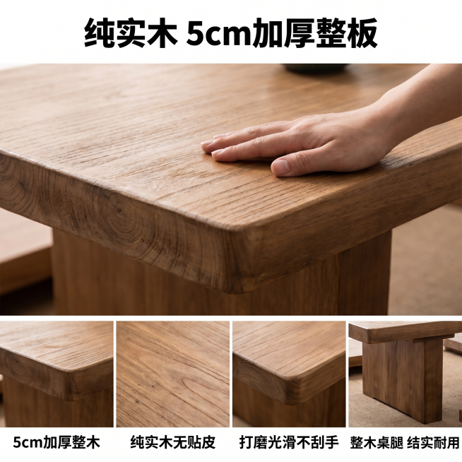 [主图3] 榻榻米茶桌纯实木5cm加厚材质细节图，温馨舒适家居治愈风，商业摄影质感，光线柔和通透，产品清晰真实画面干净高级。元素：全屏放大茶桌的实木台面截面，清晰展示5厘米的加厚实木厚度，一只手轻轻抚预览效果