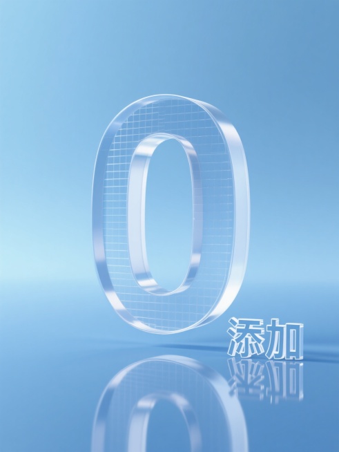 极简风格3D渲染海报，纯净渐变浅蓝色背景，中央悬浮着一个巨大的、具有半透明磨砂玻璃质感的立体数字“0”，表面带有细腻的网格纹理，边缘有柔和的高光和阴影，底部投射出清晰的倒影。数字“0”右下方紧邻着一组同样材质和光泽的立体汉字“添加”，整体画面极度简洁干净，充满高端科技感和优雅的视觉张力，无任何其他文字或元素干扰。预览效果
