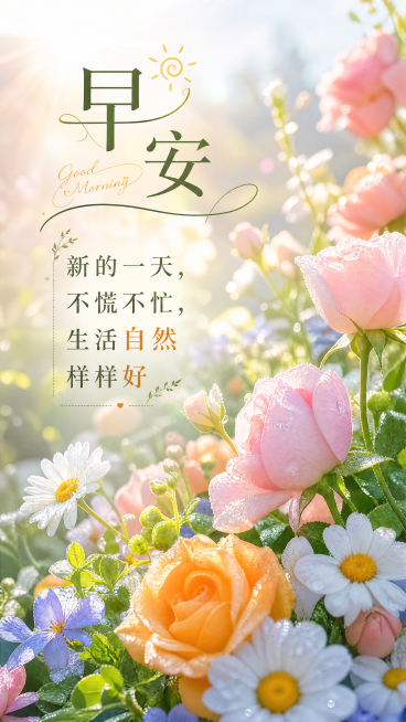 一张以盛放鲜花为主景的早安图，清晨阳光洒在花丛，色彩清新明亮，画面中清晰加入文案："新的一天，不慌不忙，生活自然样样好"。风格温馨清新，适合分享。预览效果