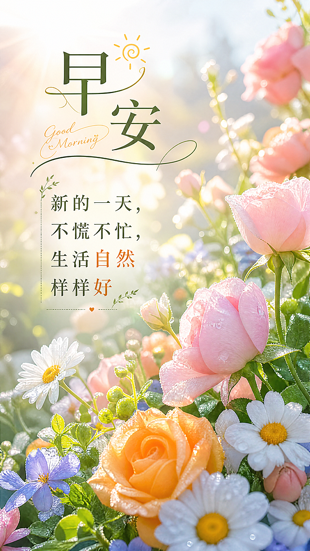 一张以盛放鲜花为主景的早安图，清晨阳光洒在花丛，色彩清新明亮，画面中清晰加入文案："新的一天，不慌不忙，生活自然样样好"。风格温馨清新，适合分享。