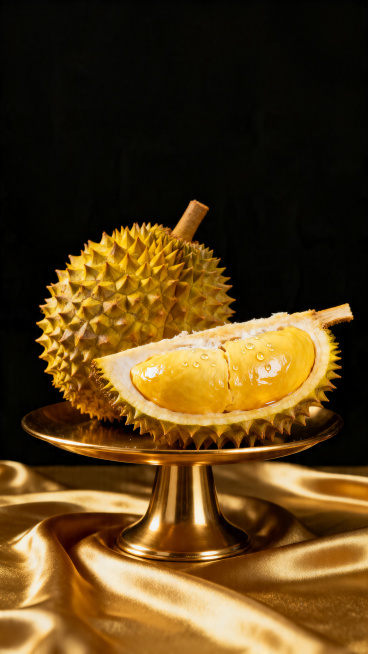 主体为泰国鲜榴莲：前景半切榴莲露出饱满金黄色果肉，后景完整黄壳带刺榴莲；两者置于金色高脚托盘上；背景为黑色并泛着金色丝绸质感光泽；果壳刻画粗糙、黄刺分明，果肉突出光泽通透，表面缀有晶莹水珠；整体色调以预览效果