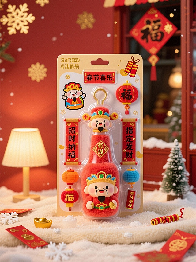 将图示商品变成毛绒绒质感，瓶身有精致刺绣文字与图案，还原商品颜色细节。放在米白色毛绒毯上（点缀雪花装饰），背景为台灯、积雪圣诞树摆件。