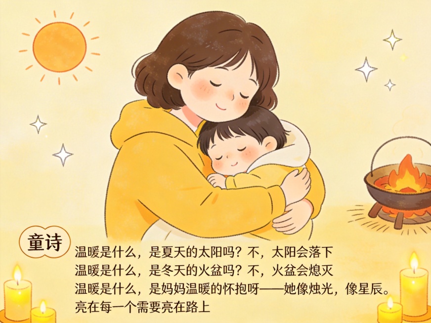 童趣卡通风格温馨场景，适合幼儿园使用，软萌的小朋友安心窝在妈妈温暖的怀抱里，背景浅淡画出圆圆的夏日太阳、红通通的冬天火盆，角落点缀着暖黄烛光和闪闪小星星，整体暖黄色柔和色调，氛围温柔治愈，充满满满的母预览效果