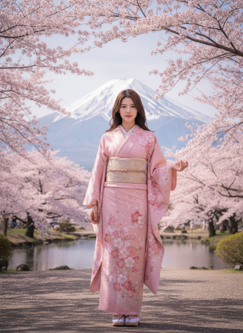图片中的女生在日本富士山下，衣服换成和服预览效果