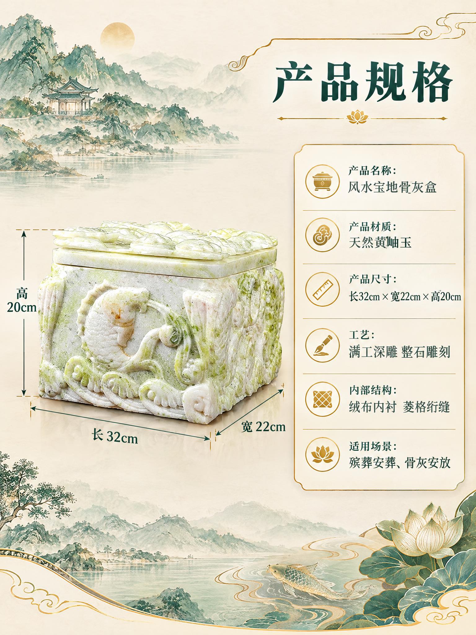 [商品] 使用【图2】风水宝地黄岫玉骨灰盒；保留整体尺寸比例、… - 图片创意预览