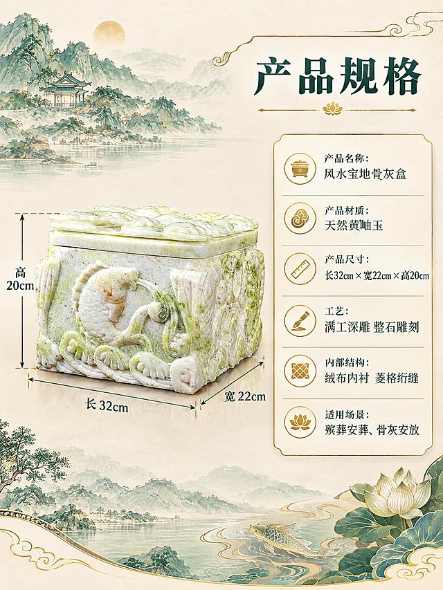 [商品] 使用【图2】风水宝地黄岫玉骨灰盒；保留整体尺寸比例、黄岫玉材质带翠绿纹理、侧面鲤鱼浮雕、顶盖满雕造型、方正厚重结构；商品处理：保持产品原貌，尺寸标注准确对应32*22*20cm。
[画面] 目标：规格参数页，清晰展示产品尺寸与各项规格信息。构图：左图右表布局，产品斜侧视图占左侧45%，带有尺寸标注线（长32cm、宽22cm、高20cm）；右侧为规格参数表格；背景为浅米白简洁背景，搭配细金线装饰，信息清晰易读。
[视觉] 套系策略：风格=中式山水风水风商业摄影；标题字=宋体粗体（端庄大气）；正文字=简洁宋体；主色=岫玉翠绿+青白底色；背景延展=基于青绿山水+米白+暖金做深浅层级、同色渐变和玉石/山水/宣纸质感；强调色=暖金色，仅用于小面积图标、引线、标题点缀；标题色=深青绿；正文色=墨绿灰；组件=圆角米白底信息卡、细金线引线、鲤鱼莲花祥云装饰元素；光影=均匀暖柔光，产品清晰展示，底部柔和投影，玉石有温润光泽，浮雕层次分明。
[文字] 右上方主标题"产品规格"，下方规格表格："产品名称：风水宝地骨灰盒""产品材质：天然黄岫玉""产品尺寸：长32cm × 宽22cm × 高20cm""工艺：满工深雕 整石雕刻""内部结构：绒布内衬 菱格绗缝""适用场景：殡葬安葬、骨灰安放"，表格清晰规整，文字横向排版。
[规格] 图片比例3:4竖版，分辨率2K，避免变形、错字、文字过小、冷蓝/冷灰背景、产品颜色改变、尺寸标注错误。