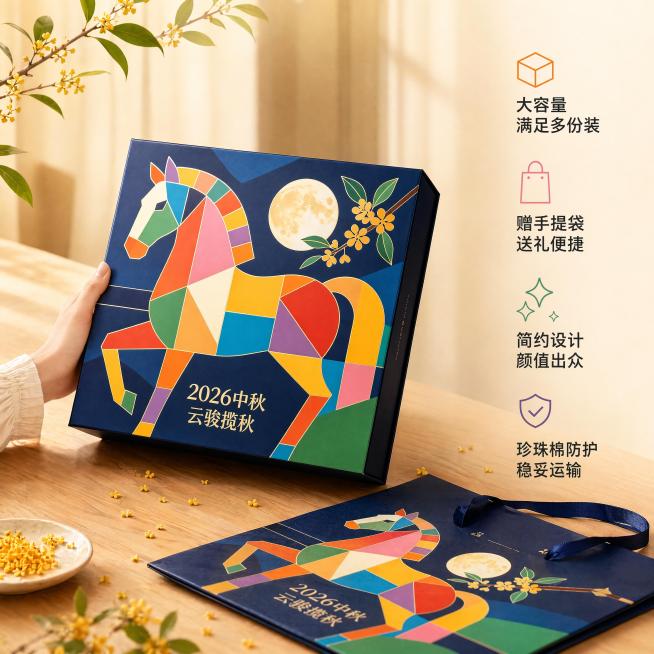 [主图-2] 马年中秋月饼盒卖点展示。保持马年中秋月饼盒外观（即几何拼接图案、色彩搭配、盒型结构）与输入产品图绝对一致，杜绝任何变形和色差，精细化处理。氛围风格：现代居家简约风格，礼盒送礼氛围感；画质预览效果