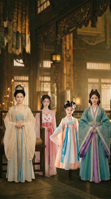 保留图1的古风室内宫殿背景，移除原有的两个女子，将图2、图3、图4、图5的四个古装女子以端正坐姿并排摆放在原本的椅子区域，保持整体画面的光影、风格和原场景一致，人物穿着各自的古装服饰，姿态自然协调预览效果