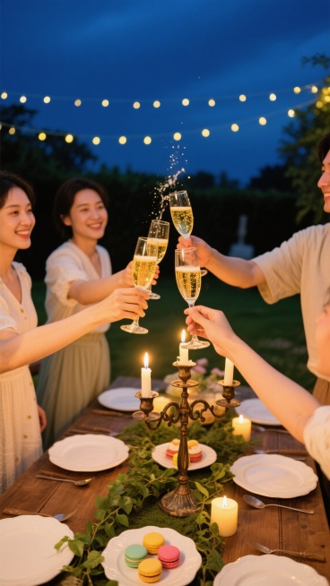俯视角摄影，一群人手握香槟杯在户外花园聚会中碰杯，金色香槟气泡升腾，温暖烛光从复古铁艺烛台透出，照亮原木餐桌上的精致白色瓷盘、绿色藤蔓装饰和彩色马卡龙甜点，深蓝色夜空下悬挂着闪烁的串灯，人物穿着休闲优雅的春夏服饰，整体氛围温馨欢快，色调以深蓝、暖黄、原木色为主，光影柔和，景深营造出亲密聚会的氛围感。预览效果