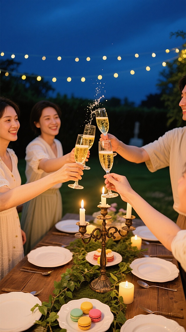俯视角摄影，一群人手握香槟杯在户外花园聚会中碰杯，金色香槟气泡升腾，温暖烛光从复古铁艺烛台透出，照亮原木餐桌上的精致白色瓷盘、绿色藤蔓装饰和彩色马卡龙甜点，深蓝色夜空下悬挂着闪烁的串灯，人物穿着休闲优雅的春夏服饰，整体氛围温馨欢快，色调以深蓝、暖黄、原木色为主，光影柔和，景深营造出亲密聚会的氛围感。