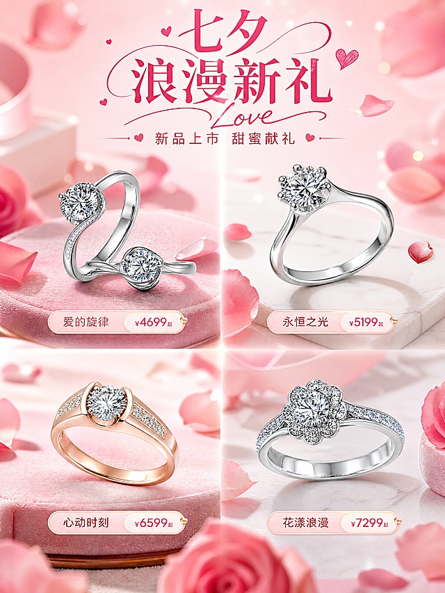 [商品] 使用【图1】中的多款钻戒珠宝产品；保留每款钻戒的独特设计、戒托造型、钻石大小和镶嵌方式；增强钻石火彩和铂金/玫瑰金金属质感。
[画面] 七夕浪漫新品场景种草页，目标是展示多款新品钻戒。画面采用2x2网格布局，四款不同设计的钻戒分别陈列在粉色绒布或白色大理石台面上，每款钻戒旁有小标签标注款式名称。背景为浅粉色渐变，点缀散落的玫瑰花瓣和小爱心。画面层次：前景花瓣装饰、中景四款钻戒产品、后景柔粉色背景。
[视觉] 套系策略：风格=浪漫七夕高端珠宝商业摄影；标题字=柔美衬线粗体+手写体结合；正文字=简洁无衬线体；主色=樱花粉/玫瑰粉；背景延展=基于粉色做深浅渐变、柔焦光斑和花瓣飘落质感；强调色=玫瑰红/金色，仅用于小面积图标、引线和标签；标题色=深玫红；正文色=暖粉灰；组件=圆角粉色信息卡、丝带装饰、爱心图标；光影=顶部柔光+钻石高光折射，整体暖粉调。
[文字] 顶部居中主标题"七夕浪漫新礼"，副标题"新品上市 甜蜜献礼"，每款钻戒下方有简短款式名称和价格标签，文字横向排版，不遮挡产品主体。
[规格] 图片比例3:4竖版，4K分辨率，避免变形、错字、文字过小、冷蓝背景、钻石颜色改变、金属质感失真。