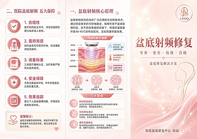 A4横版三折页正面设计，分为A、B、C三个竖版版面，版面之间有细微的折痕分割线，医疗高级感风格，粉金色与白色为主色调，淡蓝色点缀，温暖专业的女性医疗氛围，整体精致高级。

【A面 - 封面，最右侧】
顶部放置LOGO占位（圆形优雅图标占位，标注"LOGO"字样），中央大标题"盆底射频修复"，副标题"专业·安全·有效·合规"，下方小字"盆底修复解决方案"，底部标注"医院盆底康复中心 出品"，背景为柔和的粉金色渐变，点缀细腻的光斑和抽象女性轮廓线条，整体简洁大气有高级感。

【B面 - 中间版面】
标题"一、盆底射频核心原理"，正文内容："盆底射频是目前临床广泛应用的无创修复技术，通过特定频率的可控电磁波，精准作用于盆底软组织层，在不损伤表皮的前提下，将组织温度提升至40-45℃的有效区间，实现双重修复效果。" 下方放置作用机制示意图占位（皮肤层剖面图样式的示意图形，展示电磁波穿透和胶原新生过程），底部列出三大效应："即时紧致效应""长期再生效应""循环改善效应"，每条配简短说明文字，排版清晰有序。

【C面 - 最左侧版面】
标题"二、医院盆底射频 五大保障"，下方以图标+文字的形式列出5项优势：
1. 合规性：医疗机构执业许可，项目经医院伦理与临床准入审核
2. 医师资质：妇科盆底专科医师评估，持证康复师规范操作
3. 设备标准：三类医疗器械认证，治疗参数严格符合临床规范
4. 安全保障：术前全面盆底评估，术中全程监控，应急处置完善
5. 效果追踪：建立个人盆底健康档案，疗程前后客观检测对比
底部有温馨提示框："温馨提示：盆底区域解剖结构特殊，非医疗环境下的射频操作存在潜在风险，建议选择正规医疗机构。"

整体设计统一，配色协调，版式精美，医疗专业感强，适合妇女医院盆底修复宣传。画面中所有信息区域必须填充完整合理的内容，不得出现空白框或占位横线。