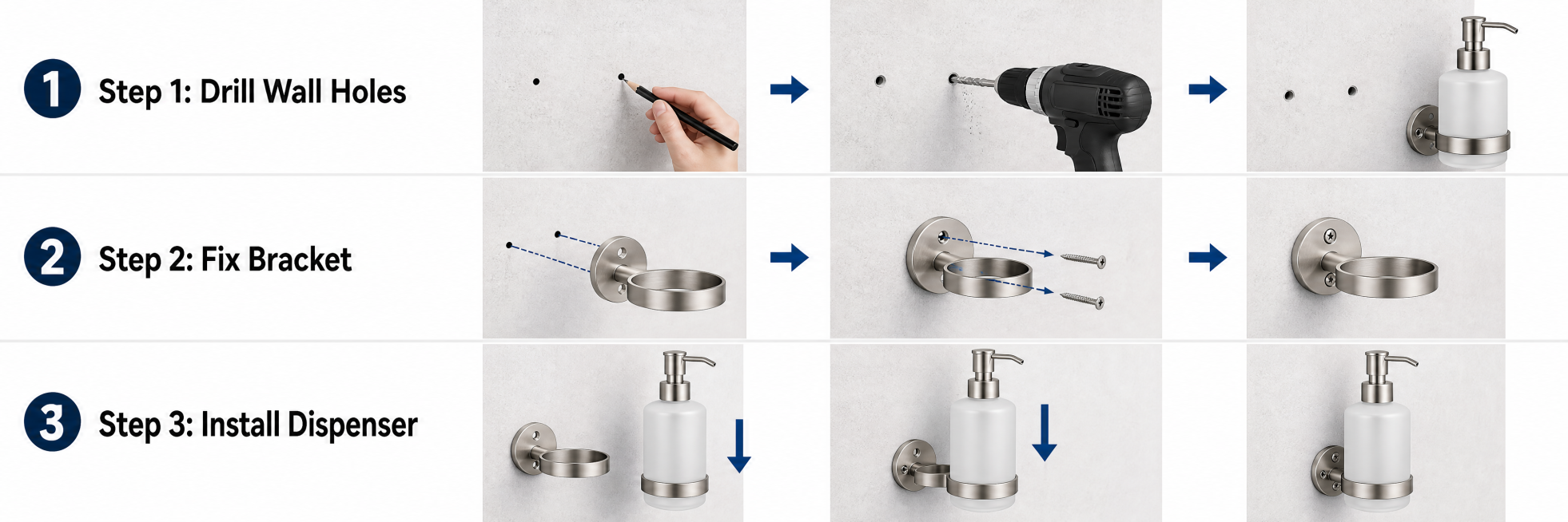 [第5屏] Installation steps demonstration. Show three simple steps to install this wall-mounted soap di预览效果