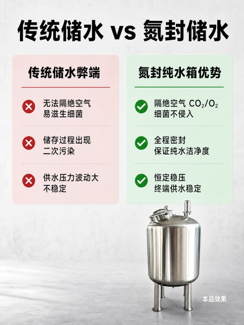 [第2屏] 纯水箱/氮封水箱核心痛点对比页。本屏使用【图1】作为产品主体，保持商品物理结构、材质质感与原图一致。[氛围/风格] 工业风对比版式，专业严谨，左右分栏清晰。[元素布局] 画面分为左右两栏，预览效果
