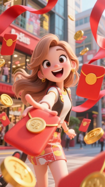 强烈镜头畸变，冲击力强，大幅度夸张动作，画面四周围绕的是很多红包和金币，一个浅棕色长发穿搭时尚的女生，左手向前伸向镜头，刚刚接着一个大红包，惊喜的表情，表情开心，比例夸张，背景在室外的商场。主色调为红预览效果