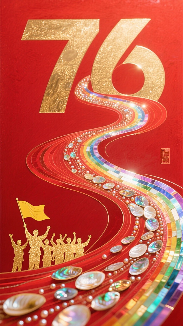 红底鎏金，大字“76”辉映国潮风，粒子流光织就彩虹长卷，浮雕人群高举旗帜，喜庆政务交织奢华质感，献礼盛典。