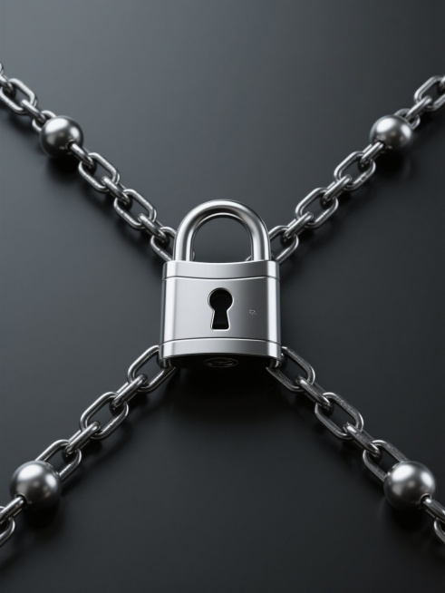 一个金属质感的银色挂锁被四条黑色金属锁链以对称的X形交叉环绕，锁链末端有圆形金属配重，整体呈现出3D立体效果，具有光滑的金属光泽和细微的光影变化，所有元素规整排布在纯黑色的纯色背景上，画面简洁，物体边缘清晰，风格为写实的金属工业风。预览效果