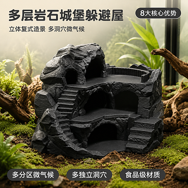 爬宠多层岩石城堡躲避屋首图，深灰色岩石城堡躲避屋居中放置在爬宠饲养箱造景环境中，周围布置仿真苔藓、枯木枝条、小型绿植，背景是玻璃饲养箱的自然柔光环境。保持产品外观（即物理结构、材质质感、颜色、多层洞穴结构、楼梯、晒台）与输入产品图一致，杜绝任何变形和色差，精细化处理岩石肌理细节。商品主体占比约70%，画面满屏无边框。自然柔光从左上方斜射，岩石表面有细腻明暗过渡，洞穴内部有自然阴影，整体氛围自然写实有质感。主色调深灰岩石色，辅色苔藓绿、枯木棕。平视45度斜侧视角，景深中等，产品轮廓完整不裁切。左上负空间左对齐排版，大字主文案「多层岩石城堡躲避屋」深灰色粗体圆润无衬线字体，下方辅助文案「立体复式造景 多洞穴微气候」字号约一半，同色系略浅。右上圆角小标签「8大核心优势」白字深灰底。底部三个圆角小卖点胶囊横向排列：「多分区微气候」「多独立洞穴」「食品级材质」，白字深灰底，内边距充足。1:1比例，文字清晰锐利，超高清商业摄影质感。负向提示：变形，文字错乱，产品模糊，背景杂乱，水印，电商平台Logo。