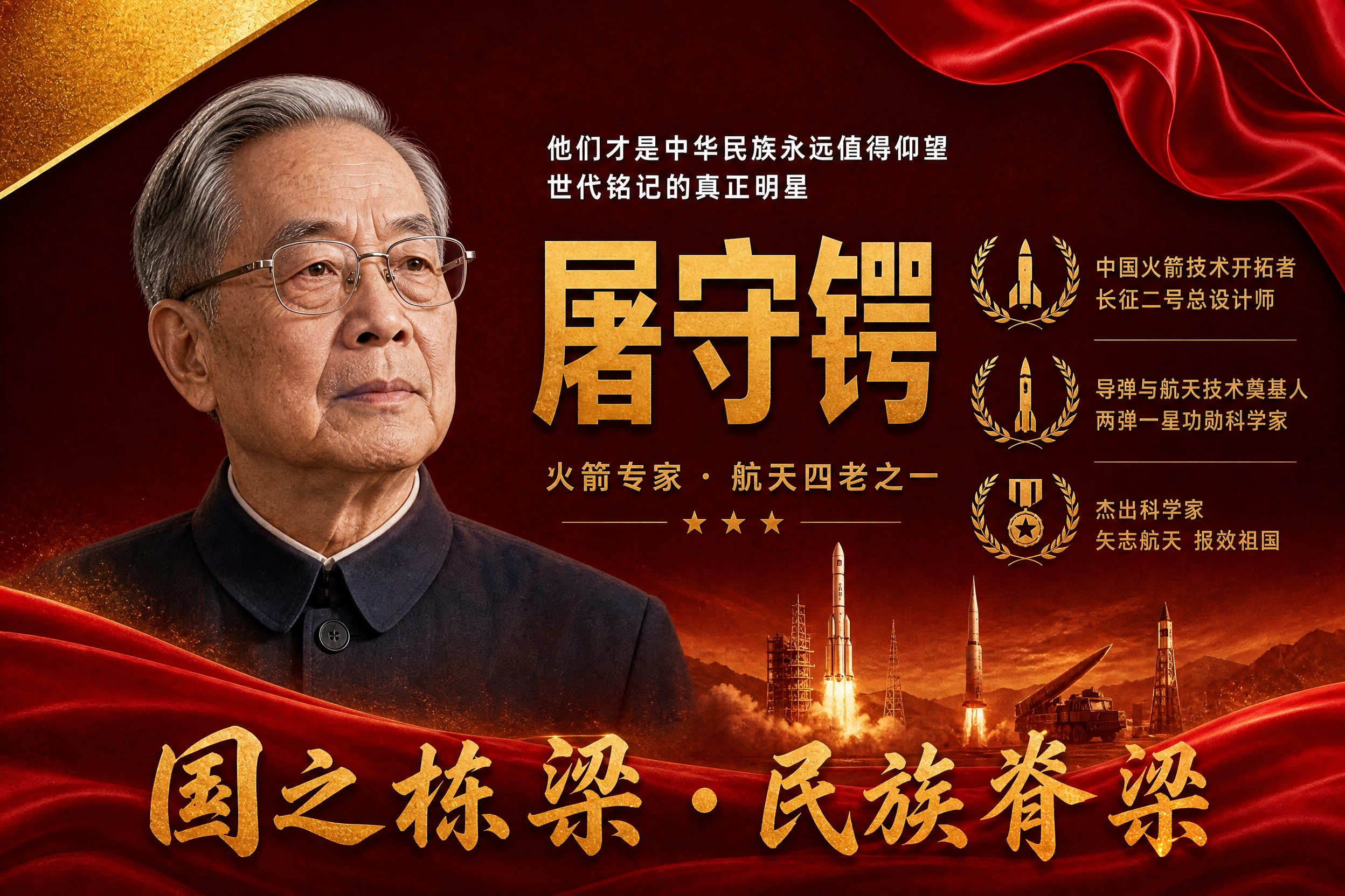 横版国之栋梁人物挂画海报，屠守锷主题，参考图版式风格复刻，红金… - 图片创意预览