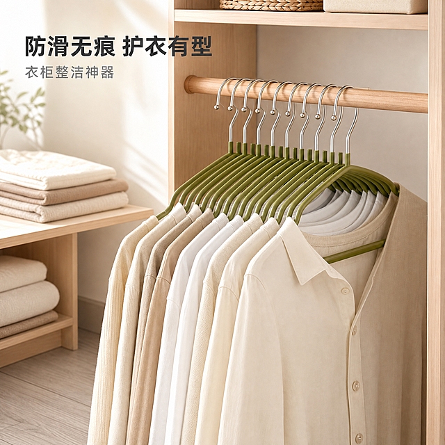 [主图-1] 整洁空间英雄图，展示橄榄绿防滑衣架在现代简约衣柜中的收纳效果，突出空间变整齐的视觉冲击。
[统一基调] 温暖家居自然光，整体干净明亮，以米白、浅木色为主色调，橄榄绿作为产品主色自然点缀，字体为简洁无衬线粗体，标题深灰色，辅助文字浅灰色，整体风格专业品质、整洁有序。
[画面] 画面中央偏右位置，一组10只橄榄绿防滑衣架整齐挂在浅木色衣柜横杆上，衣架上自然挂着几件浅色衬衫和T恤，衣物肩线平直、自然下垂，衣架肩部承托衣物肩线，没有滑落或变形。衣柜内部为浅木色层板，左侧有叠放整齐的衣物，背景是柔和的白色墙面，地面是浅灰色木地板。产品占画面约60%，视角为平视微俯，能完整看到衣架的整体形态和挂放效果。
[光影质感] 商业摄影质感，主光从左上方45度照入，形成柔和的自然光效，衣架表面有细腻的磨砂质感反光，衣物有自然的褶皱和阴影，衣柜内部有轻微的环境漫反射，整体光影通透温暖。
[配色] 背景主色为米白+浅木色，产品橄榄绿，文字深灰+浅灰，整体色调和谐统一，干净明亮。
[文字版式] 左上角放置主标题"防滑无痕 护衣有型"，字体为粗体无衬线，深灰色；副标题"衣柜整洁神器"放在主标题下方，字号缩小50%，浅灰色。文字不遮挡产品主体，放在画面左上负空间。
[输出要求] 1:1比例，2K分辨率，文字清晰可读，产品清晰完整，无变形、错字、模糊、杂乱、水印、平台Logo。禁止衣物漂浮、禁止衣架穿过衣物、禁止悬浮感。