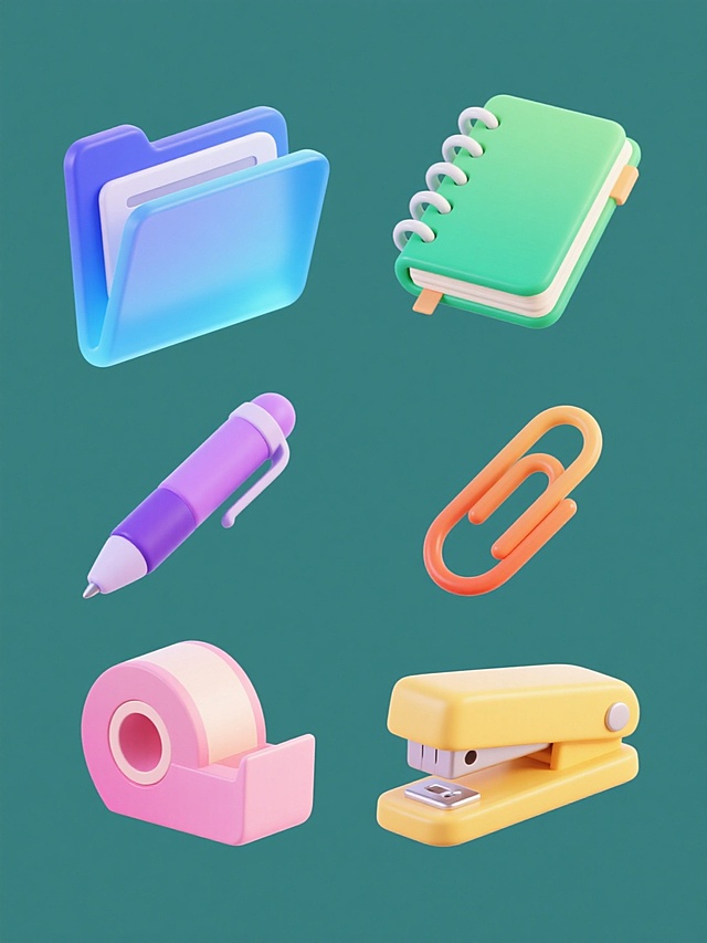 一组六个不同办公用具的图标，每个图标都采用简约现代的2.5D风格，具有光滑的曲面和柔和的渐变色彩，高光和阴影过渡自然，边缘圆润无棱角。第一个是蓝色渐变的文件夹，顶部有标签；第二个是绿色渐变的笔记本，带有螺旋装订；第三个是紫色渐变的钢笔，笔尖朝下；第四个是橙色渐变的回形针，呈弯曲状；第五个是粉色渐变的胶带座，带有一卷胶带；第六个是黄色渐变的订书机，订书针可见。所有图标均以相同大小整齐排列在纯色背景上，保持一致的设计语言和视觉效果。