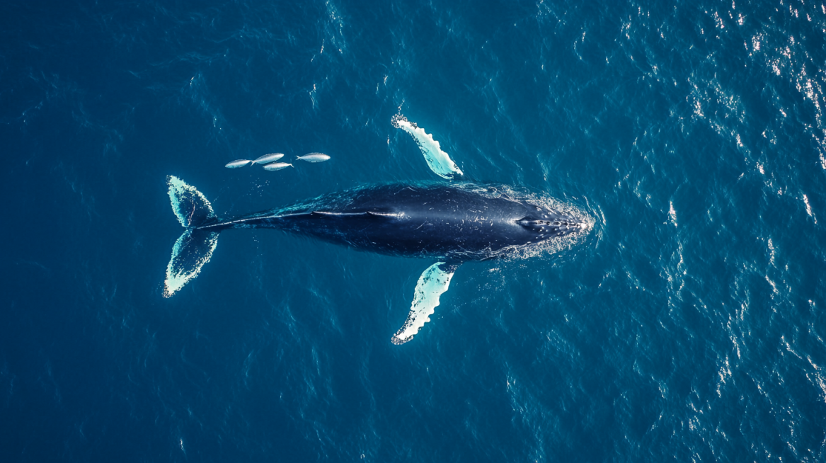 90-degree vertical aerial shot of a large humpback whale swimming slowly in deep blue ocean, whale b预览效果