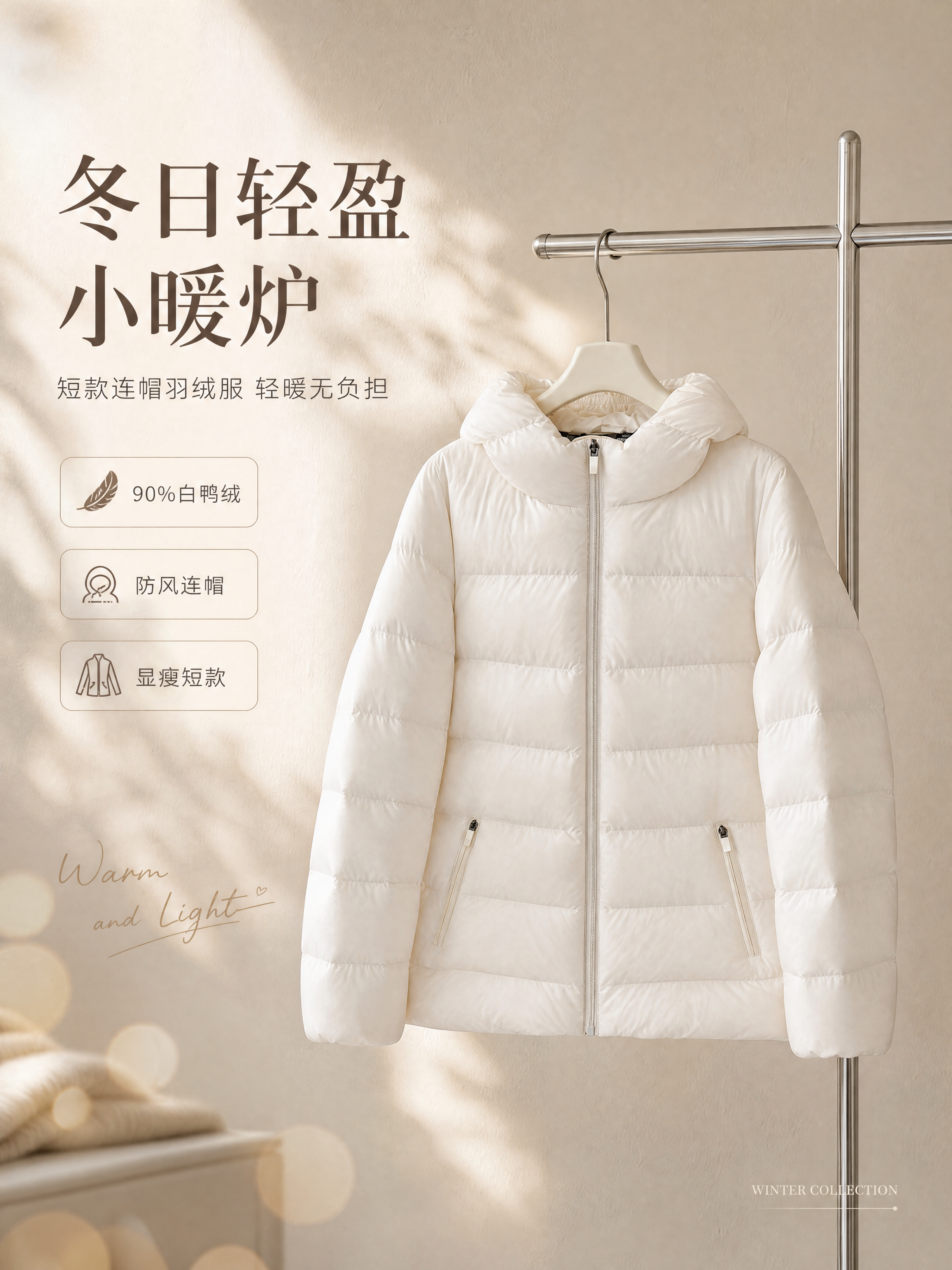 [商品] 使用【图1】奶白色连帽短款羽绒服；商品处理：保留连帽… - 图片创意预览
