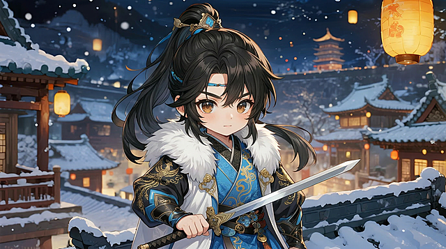 修正图里的作画错误，给衣服头发添加细节，眼睛也添加更多清晰细节，保持整体二次元古风Q版风格不变，背景保留雪夜古城灯笼场景