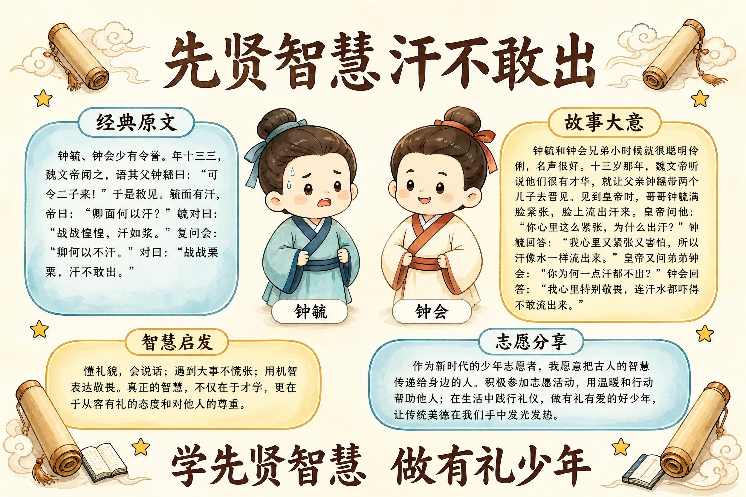 参考图版式复刻，国风卡通插画风格的古文学习分享海报，横版3比2… - 图片创意预览