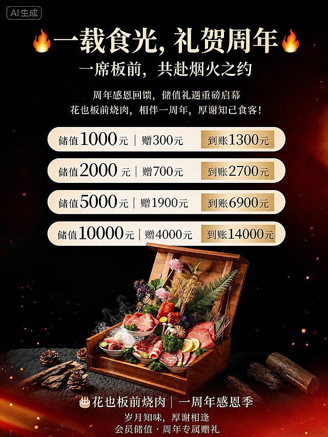 基于参考图进行精确复刻，将海报调整为60cm×80cm竖版（3:4比例），保持原图所有文字内容、版式结构、配色风格和视觉元素完全不变，仅调整画布比例使整体布局适配3:4竖版尺寸。

画面中所有文字必须与参考图完全一致，不得改写、简化或编造，文字内容包括：
- 主标题："一载食光，礼贺周年"
- 副标题："一席板前，共赴烟火之约"
- 说明文案："周年感恩回馈，储值礼遇重磅启幕"、"花也板前烧肉，相伴一周年，厚谢知己食客！"
- 储值档位（4档数字精确锁定）：
  "储值1000元 | 赠300元 | 到账1300元"
  "储值2000元 | 赠700元 | 到账2700元"
  "储值5000元 | 赠1900元 | 到账6900元"
  "储值10000元 | 赠4000元 | 到账14000元"
- 底部文案："花也板前烧肉 | 一周年感恩季"、"岁月知味，厚谢相逢"、"会员储值·周年专属赠礼"

画面中所有数字必须精确渲染，不得错位、遗漏或编造。

保留参考图的黑金红渐变背景、火焰装饰、烧肉礼盒木盒主视觉、松果木柴装饰、烟雾热气效果、金色文字、圆角胶囊形储值卡片等全部视觉元素。版式结构保持：顶部主标题区→中部说明文案→4档储值卡片纵向排列→底部烧肉礼盒主视觉→底部品牌文案。整体在3:4竖版比例下重新均衡排布，四周保留安全边距，排版精美。