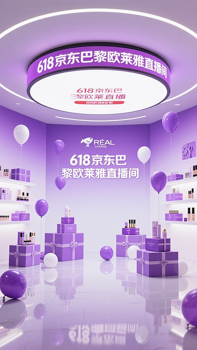 梦幻紫调3D空间，轻拟物风礼盒与气球点缀，霓虹灯效强化促销氛围，极繁主义陈列呈现时尚甜蜜感，虚拟现实感十足的618直播场景。