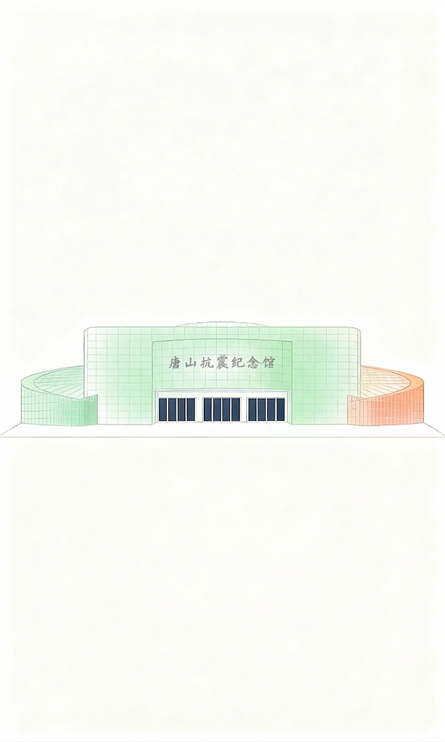 增加这张唐山抗震纪念馆插画中马卡龙绿色的占比，保留马卡龙白色和橙色，维持原建筑结构和文字，整体风格不变