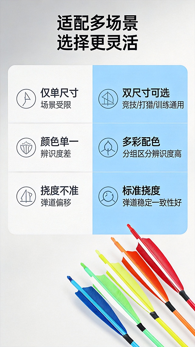 「图片1」「图片1」「图片1」「图片1」「图片1」「图片1」「图片1」「图片1」「图片1」「图片1」 我是做弓箭类目的   我需要生成一套淘宝详情页图    要求尺寸9：16     要求4张    产品是500 扰半截彩色真羽混碳箭     产品属性： 2 红 1 白 5 英寸盾形箭羽 + 红色内插箭尾
2 橙 1 白 5 英寸盾形箭羽 + 橙色内插箭尾
2 荧光黄 1 白 5 英寸盾形箭羽 + 荧光黄内插箭尾
2 荧光绿 1 白 5 英寸盾形箭羽 + 绿色内插箭尾
3 蓝 5 英寸盾形箭羽 + 透明蓝色内插箭尾 箭杆材质：混碳
箭头：100 格令（带黑色靶头垫圈）
扰度：500 扰
箭杆内径：6.2mm　外径：7.8mm
箭支重量：33.4g-35.4g（5 英寸重量）
箭支总长：80.1cm　箭杆长度：76.1cm  特点:双尺寸可选，适配多场景 分为 4 英寸、5 英寸两种真羽规格，竞技射准、户外打猎、日常训练均可使用，4 英寸、5 英寸款式均可定制，选择灵活。 多彩真羽搭配，辨识度高
提供红、橙、荧光黄、荧光绿、蓝色多款配色，每套箭羽搭配专属同色系内插箭尾，分组区分箭支，射击时辨识度更强。 混碳箭杆，性能稳定
采用混碳材质箭杆，500 扰标准扰度，弹道一致性好；内径 6.2mm、外径 7.8mm 标准尺寸，适配主流箭尾、箭头配件。 标准配重靶箭头，射击稳定
搭配 100 格令标准靶箭头，附带黑色缓冲垫圈，缓冲撞击、减少箭头磨损，近距离打靶、远距离练习都更平稳。 真羽盾形箭羽，飞行纠偏强
盾形天然真羽风阻设计，射出后自动修正箭支偏移，弹道平直，大幅提升射击精准度，飞行噪音更低。 尺寸规格标准，做工规整
成品总长 80.1cm，箭杆净长 76.1cm，单支重量稳定在 33.4g-35.4g，同批次重量差异小；手工测量仅存在微小误差，品控稳定。 内插式箭尾，拆装牢固
配套同色系透明内插箭尾，安装贴合箭杆不易脱落，高速射击、反复拔箭耐用不易开裂。