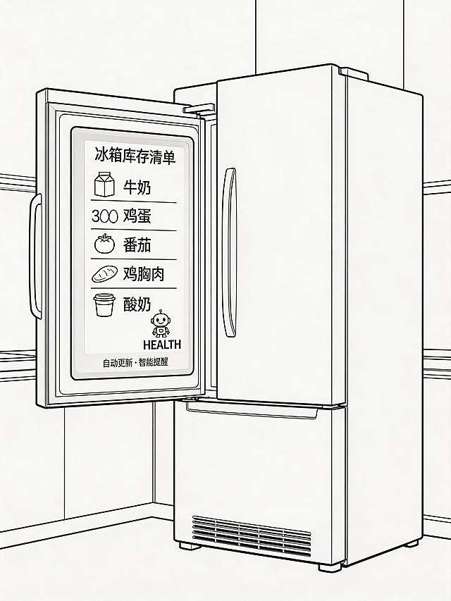 简约线描风格，黑白单色线条插画，无填充色，仅保留清晰轮廓与结构，无阴影，仅轮廓线。画面主体为一台现代智能冰箱，冰箱门打开，门内侧嵌入一块竖向显示屏。屏幕顶部显示标题“冰箱库存清单”，以列表形式展示牛奶、鸡蛋、番茄、鸡胸肉、酸奶等物品，每行对应带小图标，屏幕右下角显示带“HEALTH”标识的小巧微笑机器人形象，屏幕下方有小字“自动更新 · 智能提醒”。冰箱本体线条简洁，门把手为极简弧形，底部有散热格栅线条。背景为纯白极简厨房墙面，无其他杂物。整体构图干净，科技感强，突出人机交互与智能管理概念，超高清细节。