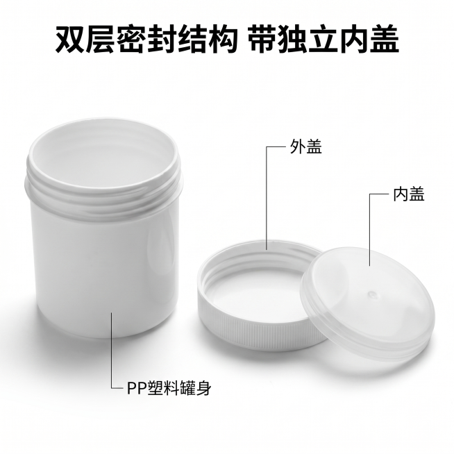 [主图 10] PP塑料罐打开结构展示
[氛围风格] 结构拆解展示，清晰直观
[画质] 商业摄影质感，结构清晰
[元素] 展示塑料罐、外盖、内盖三个部件分开摆放，清晰展示带内盖的双层密封结构。每个部件预览效果