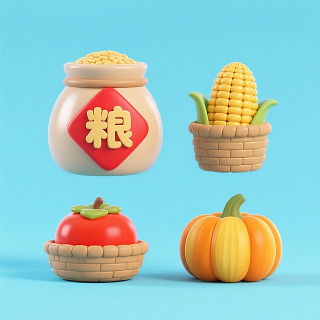 4个中秋素材组合，可爱电商促销感。素材包括：第一个粮仓（贴着带有 “粮” 字的红色菱形福字）；第二个一筐玉米；第三个一筐柿子；第四个南瓜。画面整体呈现鲜艳效果，淡蓝色背景。上下两行，排列整齐