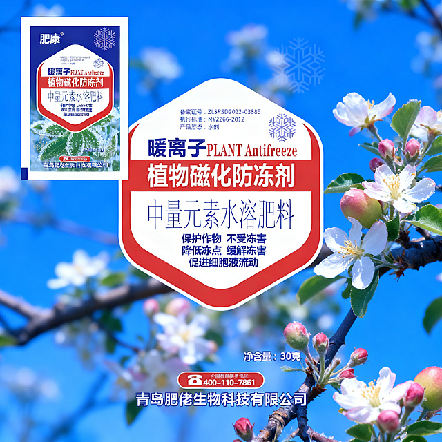 植物防冻剂预防倒春寒主图，比例1:1，拼多多农资主图风格，展示果树开花场景，突出产品保护花芽幼果减少落花落果功效，左上角放产品包装，蓝色冷调背景呼应防冻主题